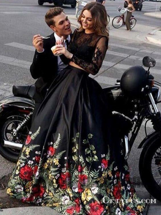 Two Piece Black Prom Dresses, Long Sleeve Prom Dresses, Open-back Prom Dresses, Appliques lace Prom Dresses,TYP0305