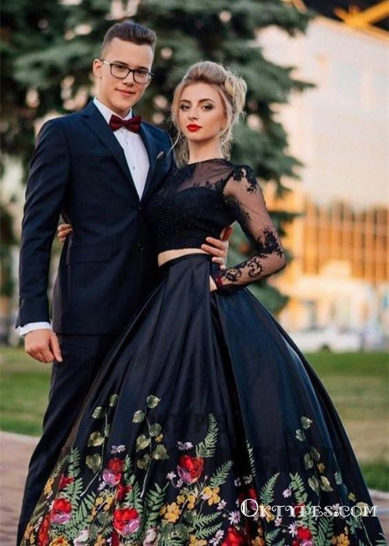 Two Piece Black Prom Dresses, Long Sleeve Prom Dresses, Open-back Prom Dresses, Appliques lace Prom Dresses,TYP0305