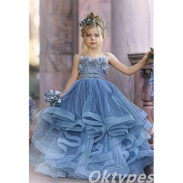 Cute Elegant Spaghetti Straps Tulle Beading Applique A-Line Flower Girl Dresses, FGS0033