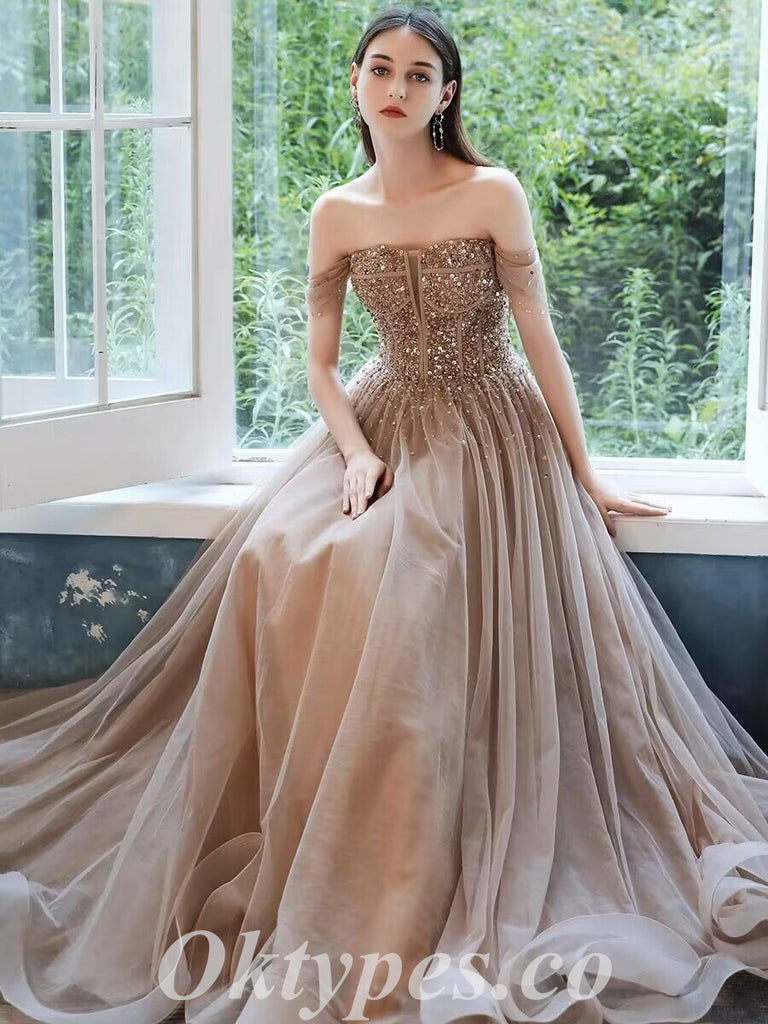 Elegant Tulle Off Shoulder Sleeveless A-Line Long Prom Dresses With Applique And Besding,PDS0710