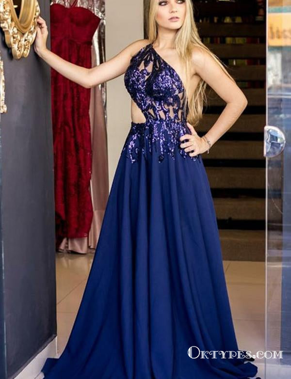 One Shoulder Evening Gowns Navy Blue Long Prom Dresses With Appliques, TYP1708