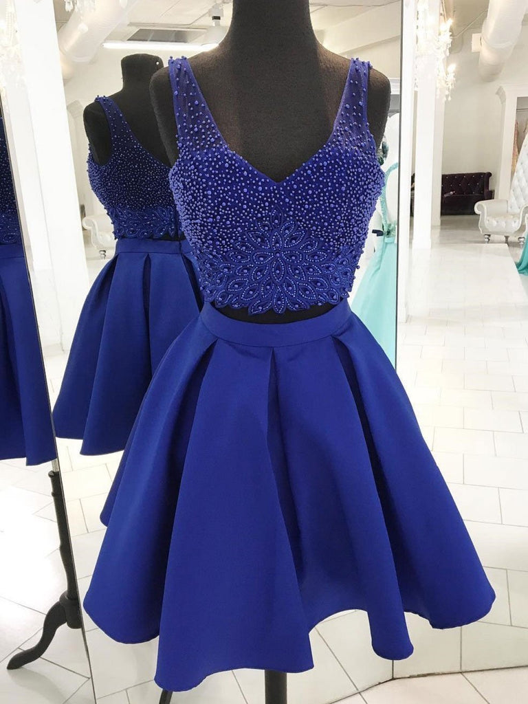 V Neck Beaded Royal Blue Two Piece Homecoming Dresses, CM500