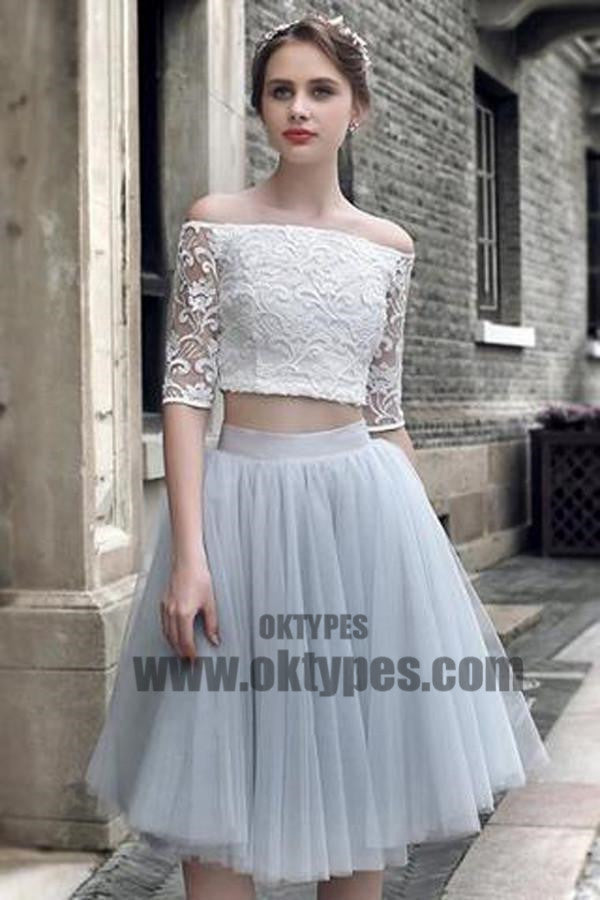 2 pieces Lace Top Half Sleeve Light Grey Tulle Skirt Homecoming Dresses, Popular Homecoming Dresses, TYP0515