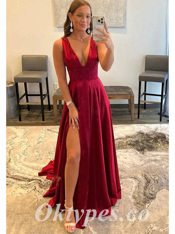 Sexy Satin And Lace Spaghetti Straps V-Neck Sleeveless Side Slit A-Line Long Prom Dresses, PDS0912