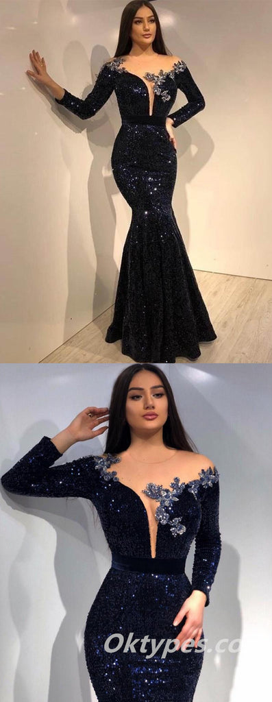 Sexy Black Sequin Off Shoulder Long Sleeves V-Neck Mermaid Long Prom Dresses ,PDS0372