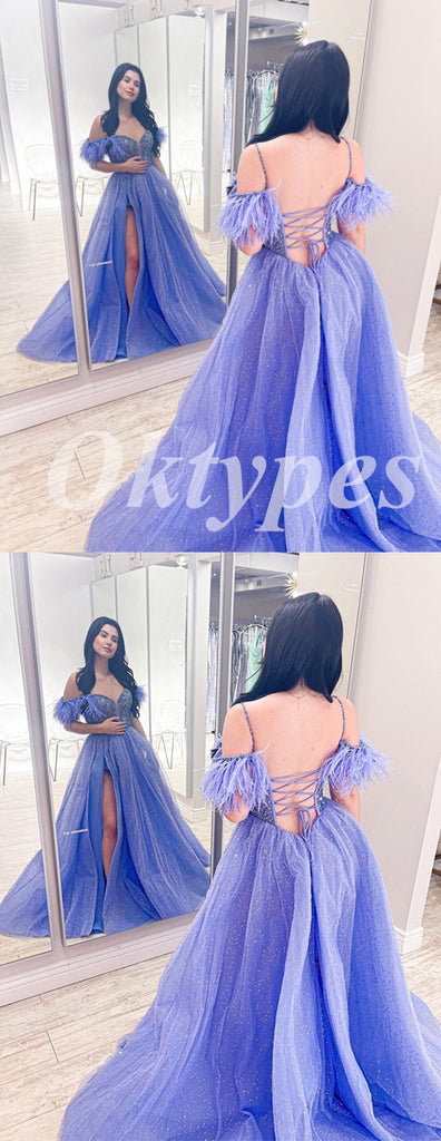 Sexy Shiny Tulle Cold Shoulder V-Neck Sleeveless Lace Up Side Slit A-Line Long Prom Dresses With Feather,PDS0819