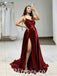 Sexy Burgandy Satin Spaghetti Sptraps Sleeveless Side Slit A-Line Long Prom Dresses,PDS0630