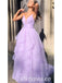 Elegant Purple Tulle Spaghetti Straps V-Neck A-Line Long Prom Dresses,PDS0450