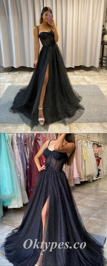 Sexy Black Sequin Tulle Spaghetti Straps Sleeveless Side Slit A-Line Long Prom Dresses With Applique,PDS0676