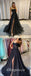 Sexy Black Sequin Tulle Spaghetti Straps Sleeveless Side Slit A-Line Long Prom Dresses With Applique,PDS0676