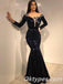 Sexy Black Sequin Off Shoulder Long Sleeves V-Neck Mermaid Long Prom Dresses ,PDS0372