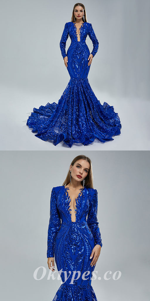 Elegant Royal Blue Special Fabric Long Sleeve V-Neck Mermaid Long Prom Dresses,PDS0460