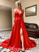 Sexy Red Satin Halter V-Neck Side Slit A-Line Long Prom Dresses With Pockets,PDS0597