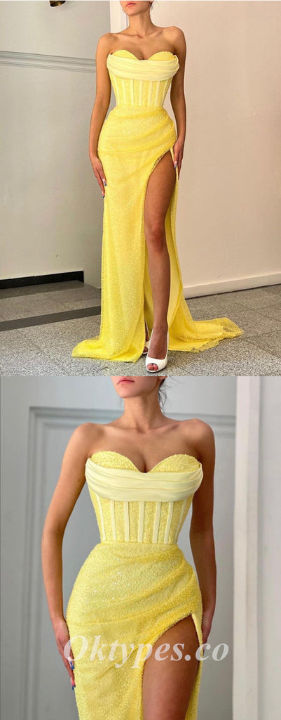 Sexy Yellow Special Tulle Sweetheart Sleeveless Side Slit Mermaid Long Prom Dresses,PDS0683