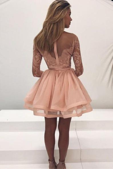 Champagne Lace Long Sleeves Illusion Short Cheap Homecoming Dresses, CM545