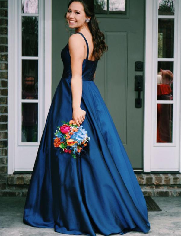 Simple A Line Jewel Sleeveless Long Cheap Navy Blue Satin Prom Dresses, TYP1511