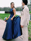 Simple A Line Jewel Sleeveless Long Cheap Navy Blue Satin Prom Dresses, TYP1511