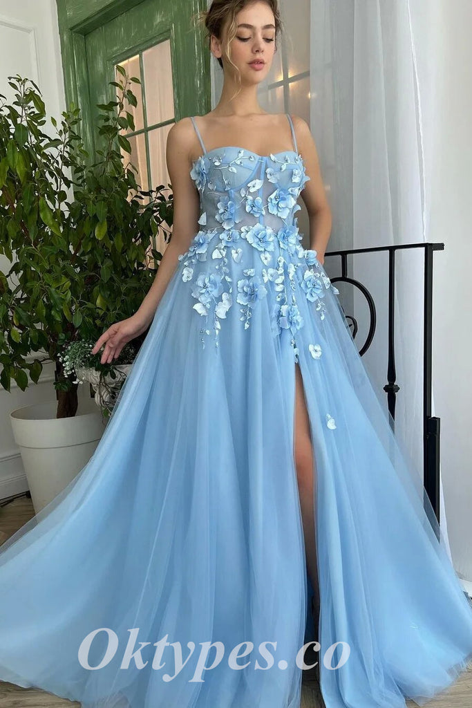 Elegant Blue Tulle Spaghetti Straps Side Slit A-Line Long Prom Dresses With Applique,PDS0730