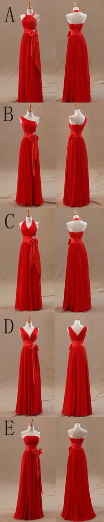 Mismatched Junior Chiffon Red Long A Line Formal Cheap Maxi Bridesmaid Dresses with Bow, TYP0102