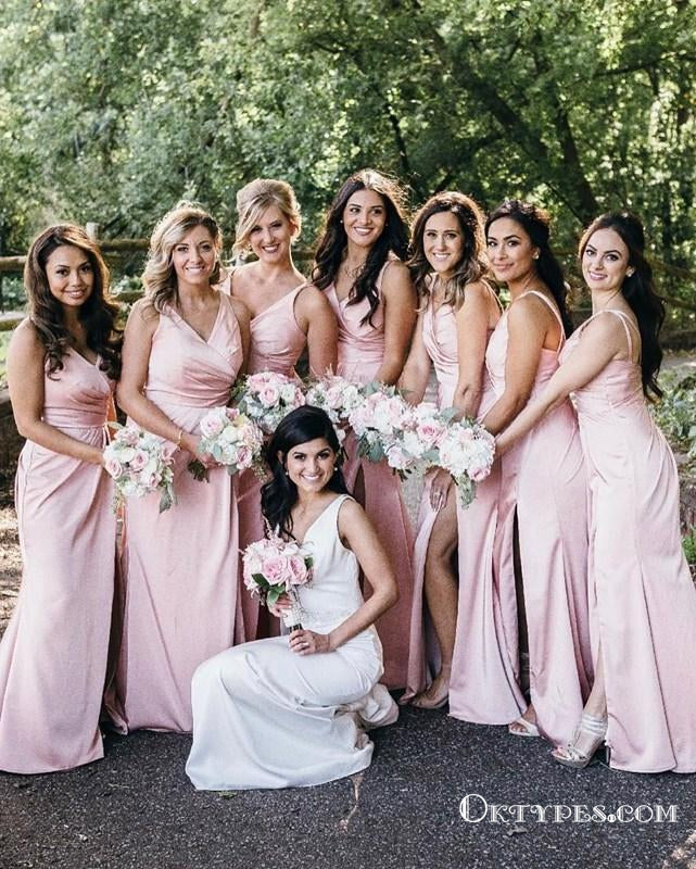 Simple V-Neck Pink Long Cheap Bridesmaid Dresses with Slit, TYP1751