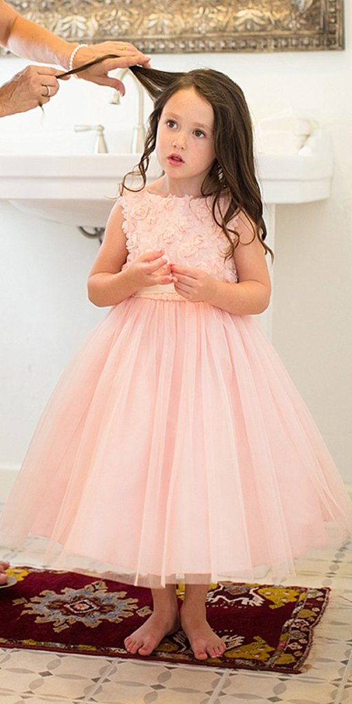 Pink A-Line Tulle Flower Girl Dresses, Popular Applique Little Girl Dresses, TYP1418