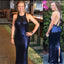 Navy Sequin Sleeveless Slit Open Back Sheath Bridesmaid Dresses, BDS0183