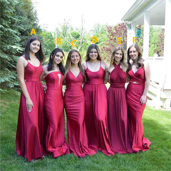 Mismatched Beautiful Red Satin A-Line Floor Length Bridesmaid Dresses, BDS0195