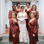 Rust Satin V-Neck Long Sleeves Column Floor Length Long Bridesmaid Dresses, BDS0189