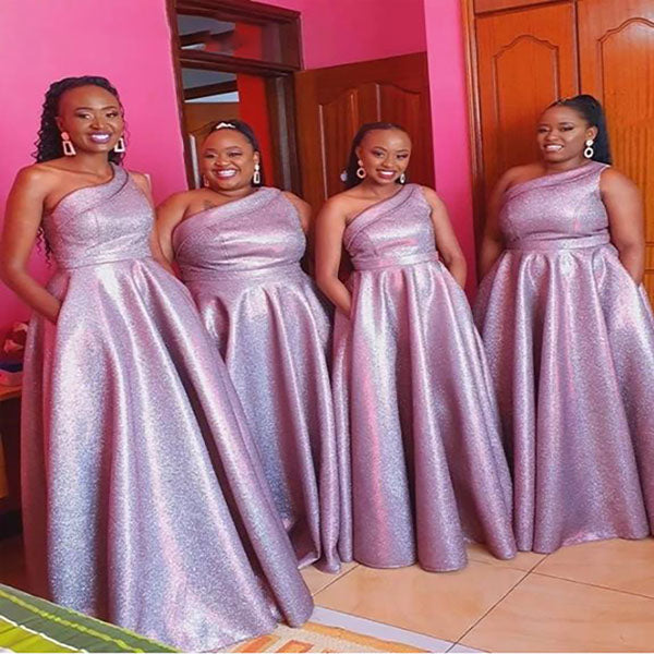 Sequin One Shoulder A-Line Long Bridesmaid Dresses, BDS0190