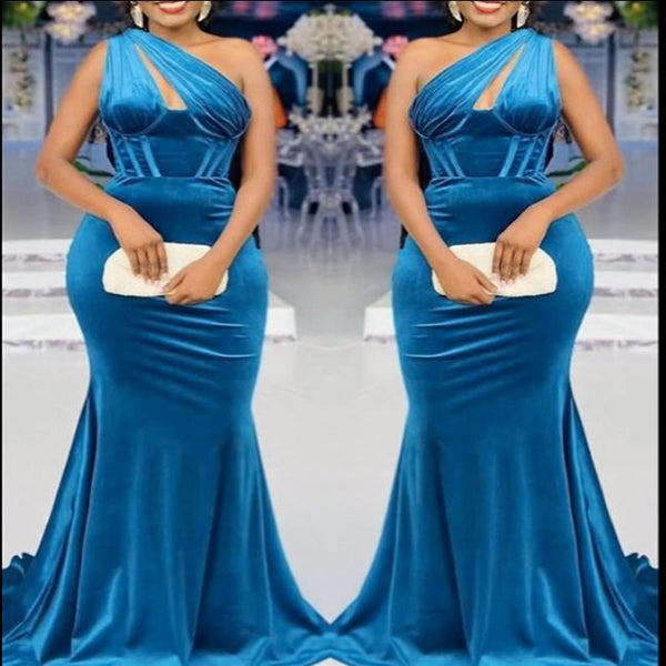 Elegant Velvet One Shoulder Floor Length Mermaid Bridesmaid Dresses, BDS0203