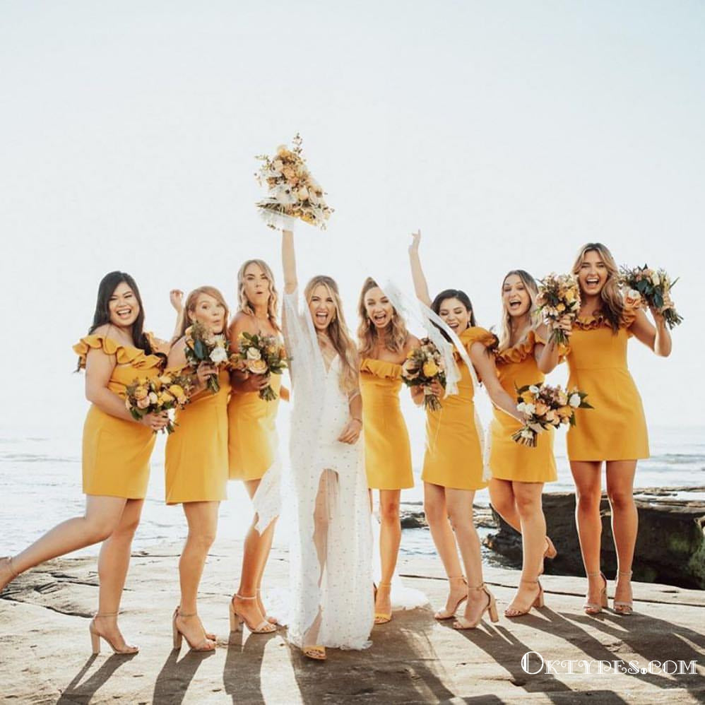 Newest Charming Simple Off-The-Shoulder Short Cheap Yellow Bridesmaid Dresses With Ruffles, TYP2043