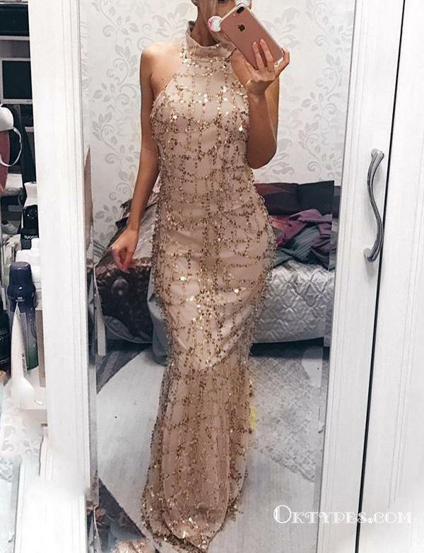 Champagne Foraml Evening  Long  High Neck With Sequins Prom Dresses, TYP1658