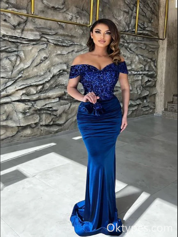 Classy Blue Sequins Sweetheart Off-the-shoulder Floor-length Column Prom Dresses,PDS0313