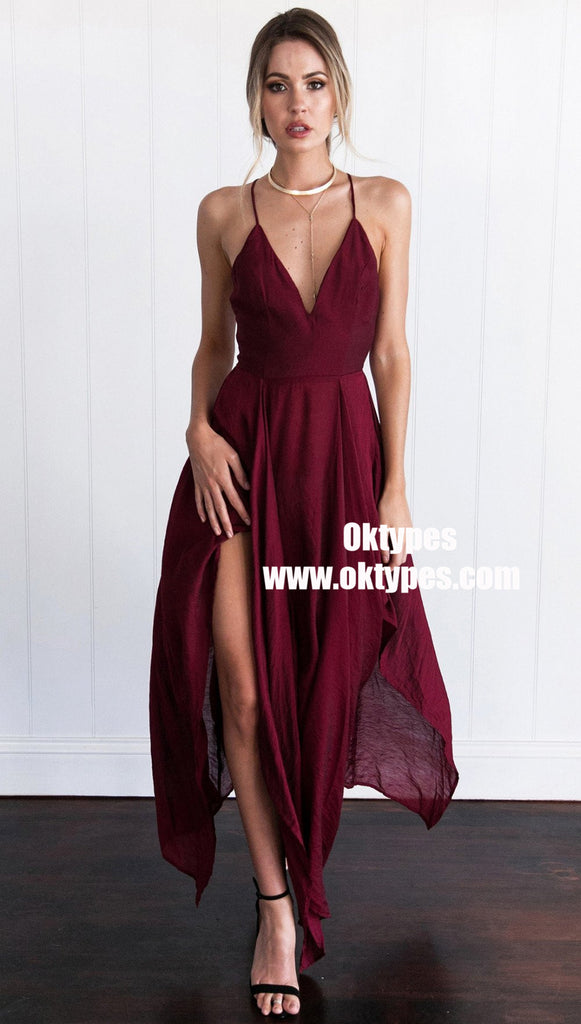 Simple Dark Red High How Side Slit Cheap Homecoming Dresses, TYP0883