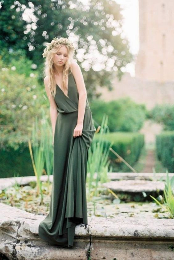 Green Deep V-Neck Sweep Train Long Jersey Cheap  Bridesmaid Dresses Online, TYP0994