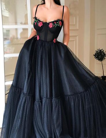 Black Tulle Spaghetti Straps Long Evening Gowns With Appliques Prom Dresses, TYP1700