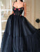 Black Tulle Spaghetti Straps Long Evening Gowns With Appliques Prom Dresses, TYP1700