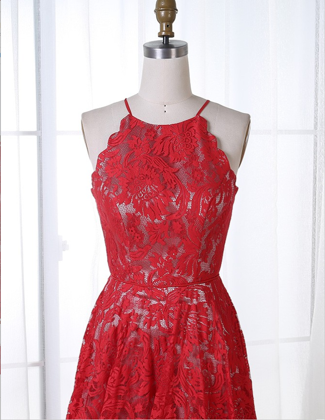 A-Line Jewel Sleeveless Long Cheap Red Lace Prom Dresses Online, TYP1303