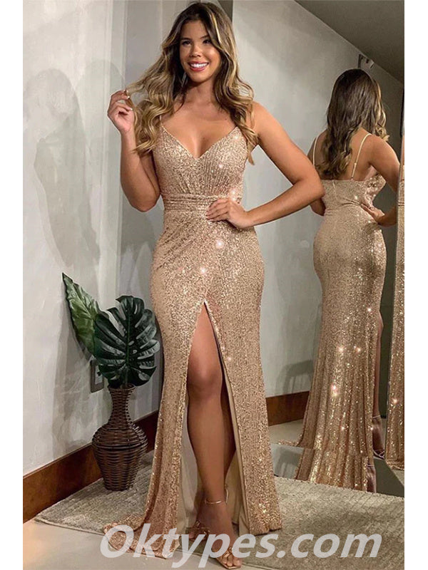 Sexy Sequin Spaghetti Straps V-Neck Split Mermaid Long Floor Length Prom Dresses ,PDS0365