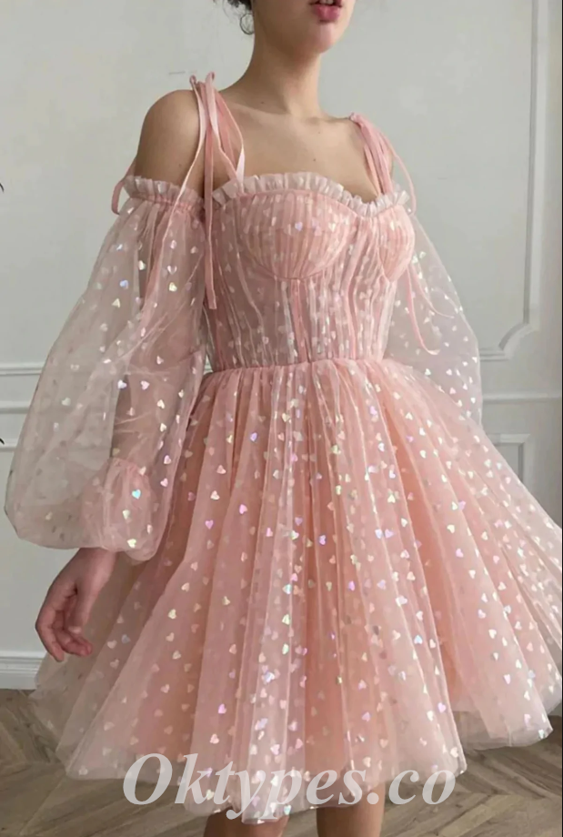 Lovely Pink Tulle Spaghetti Straps Long Sleeve A-Line Prom Dresses/Homecoming Dresses,PDS0492