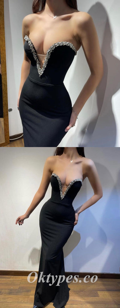 Sexy Black Satin Sweetheart V-Neck Sleeveless Mermaid Long Prom Dresses,PDS0684