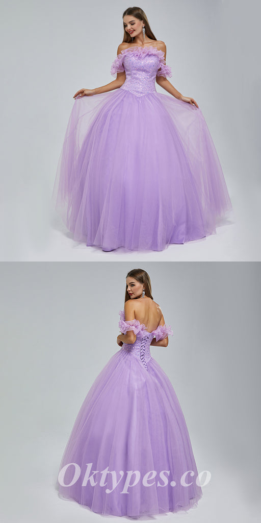 Purple Sequin Tulle Sweetheart Off Shoulder A-Line Long Prom Dresses,PDS0462