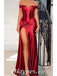 Sexy Rust Satin Off Shoulder V-Neck Sleeveless Side Slit Sheath Long Prom Dresses ,PDS0622