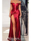 Sexy Rust Satin Off Shoulder V-Neck Sleeveless Side Slit Sheath Long Prom Dresses ,PDS0622