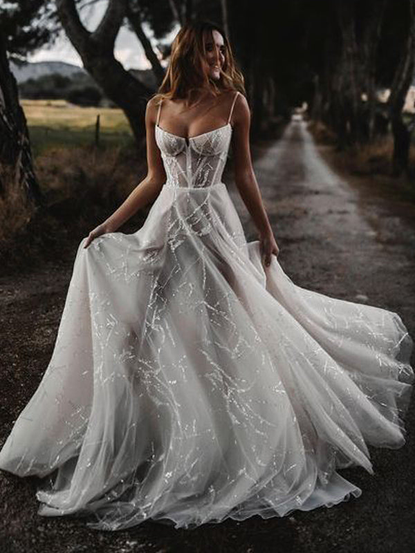 Spaghetti Straps A-line Tulle Long Simple Wedding Dresses, WDS0105