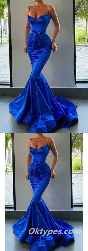 Sexy Satin Spaghetti Straps V-Neck Mermaid Long Prom Dresses,PDS0414