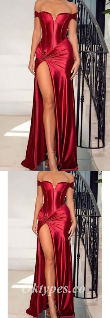 Sexy Rust Satin Off Shoulder V-Neck Sleeveless Side Slit Sheath Long Prom Dresses ,PDS0622