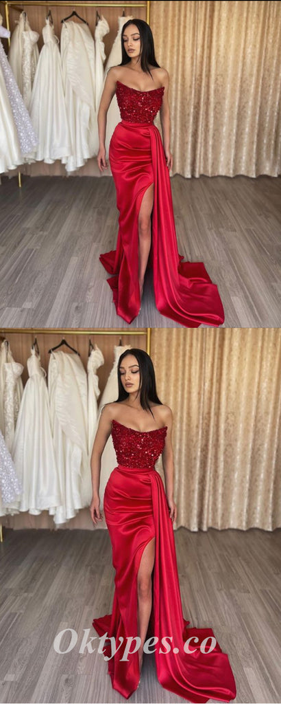 Sexy Red Sequin Top Satin Bottom Sweetheart Sleeveless Side Slit Mermaid Long Prom Dresses/Evening Dresses,PDS0481