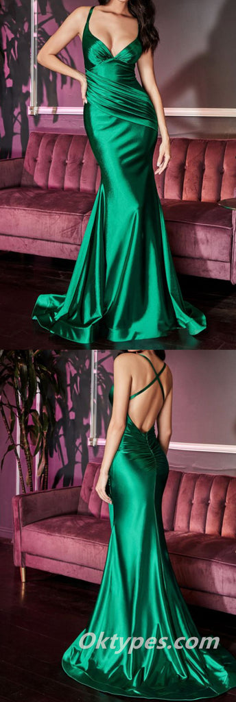 Sexy Soft Satin Strapless V-Neck Criss Cross Mermaid Long Prom Dresses With Pleats,PDS0340