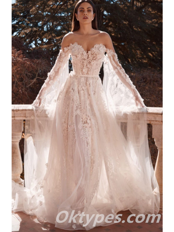 Gorgeous Tulle And Lace Sweetheart Long Sleeves Wedding Dresses With Applique,WDS0124